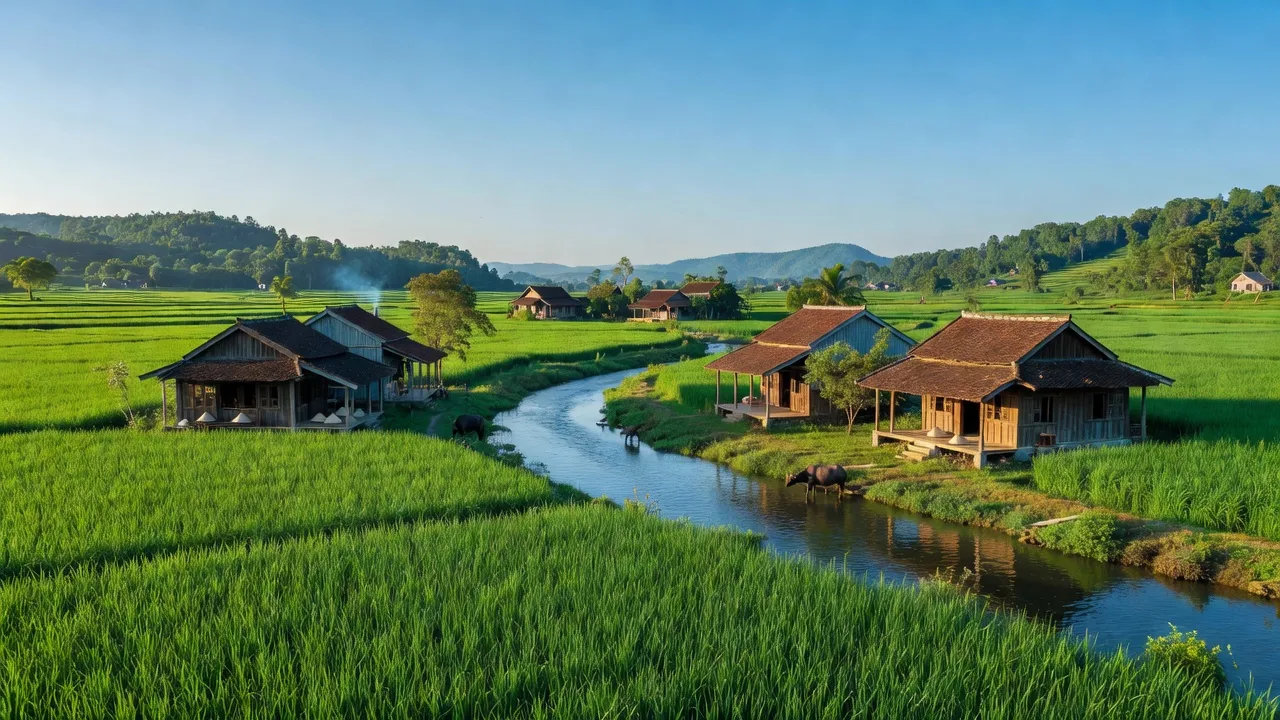 Khung cảnh xã Tân Khánh, huyện Phú Bình, Thái Nguyên với sông Máng và cánh đồng xanh tươi.