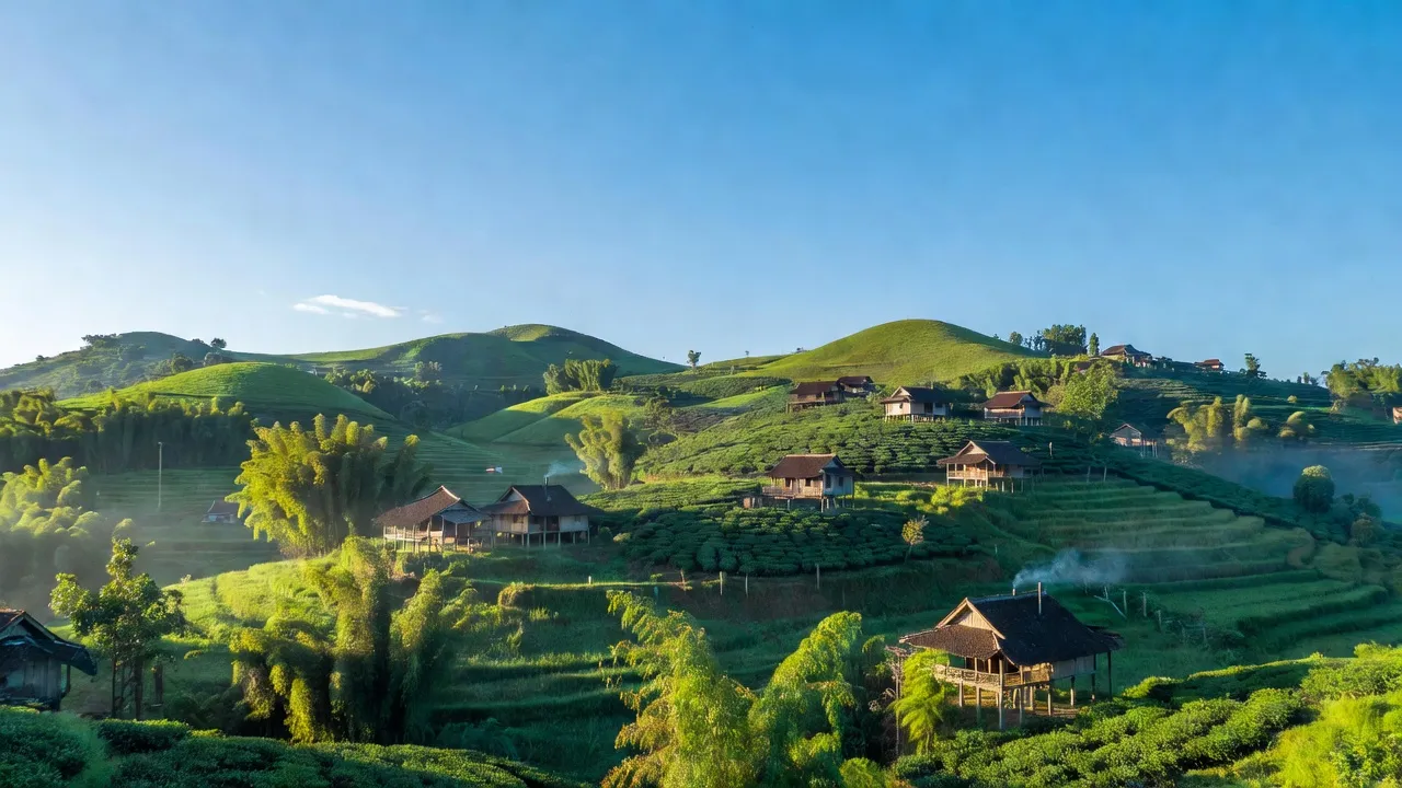 Cảnh quan huyện Phú Lương, Thái Nguyên với núi non xanh tươi và bầu trời trong xanh.