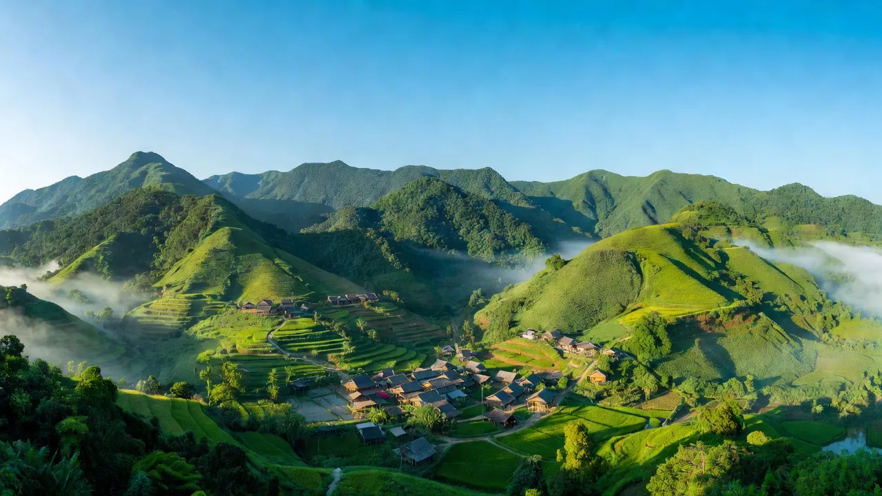 Huyện Phú Lương, Thái Nguyên với thiên nhiên núi non xanh tươi và bầu trời trong xanh.