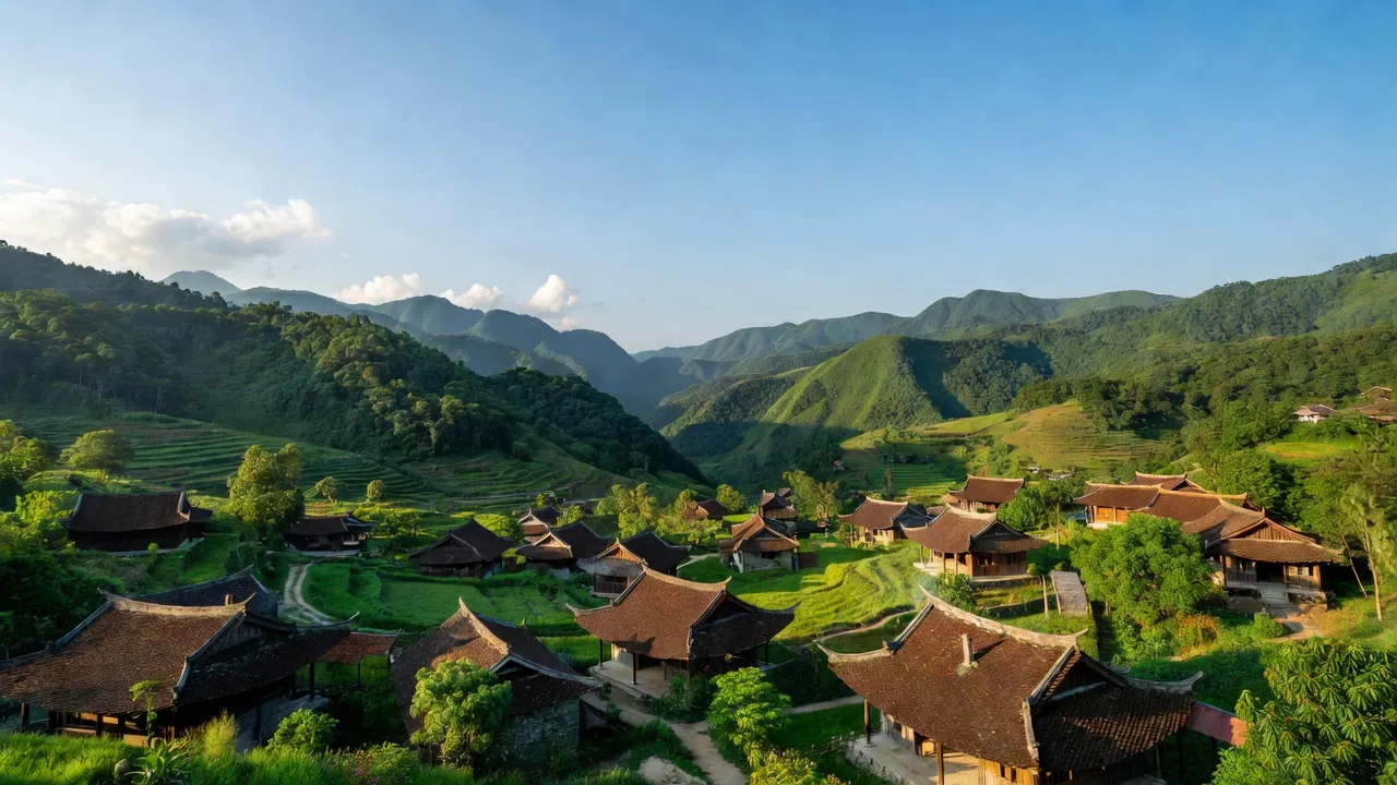 Thị trấn Đu, Huyện Phú Lương, Tỉnh Thái Nguyên, với cảnh quan núi non hùng vĩ và nhà truyền thống.