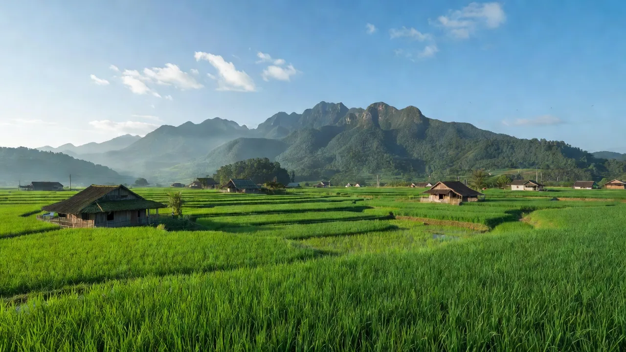Khung cảnh yên bình của xã Phủ Lý, huyện Phú Lương, tỉnh Thái Nguyên với cánh đồng xanh.