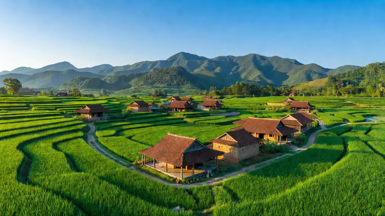 Cảnh sắc làng Yên Trạch, huyện Phú Lương, Thái Nguyên với đồng ruộng xanh tươi và núi non.