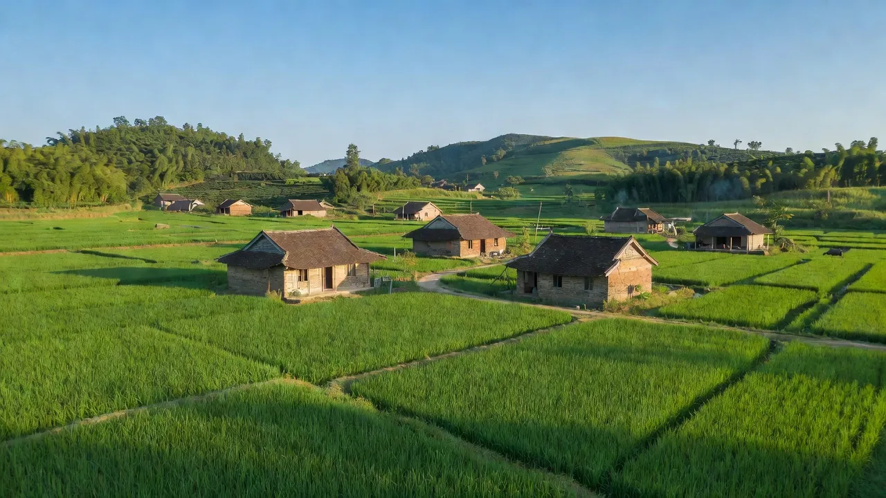 Khung cảnh yên bình ở Xã Yên Trạch, Huyện Phú Lương, Tỉnh Thái Nguyên với đồng xanh và nhà truyền thống.