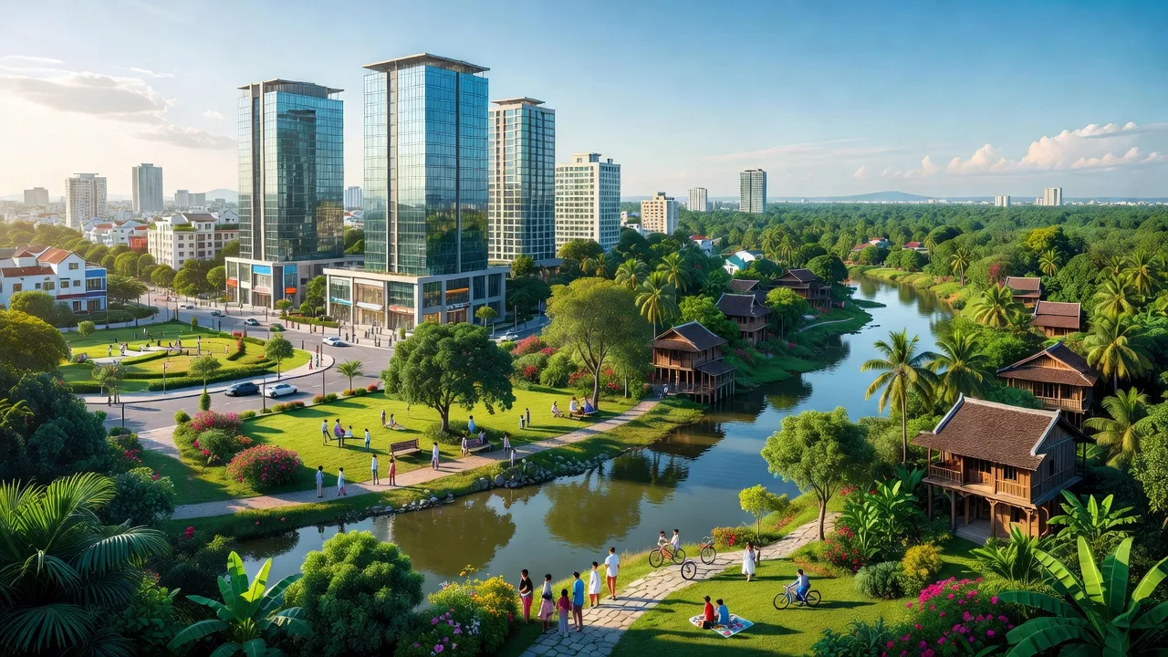 Khung cảnh thành phố Sông Công, Thái Nguyên với phát triển đô thị và khu vực ven sông.