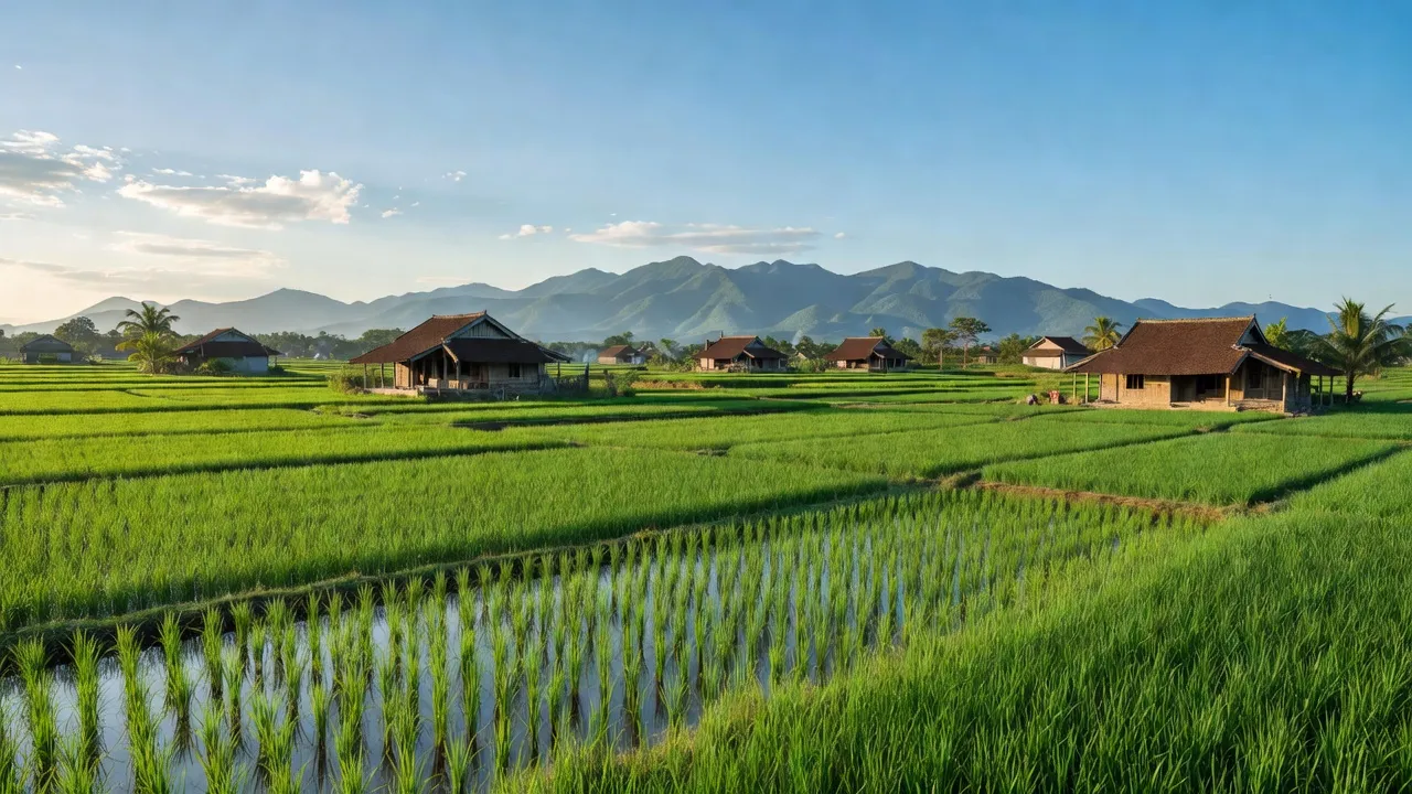 Bá Xuyên, Sông Công, Thái Nguyên with rice fields, traditional houses, and mountains, illustrating rural life.