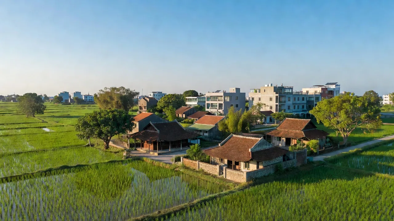 Cảnh đẹp Xã Tân Quang, Thành phố Sông Công, Thái Nguyên với cánh đồng xanh và trời trong.