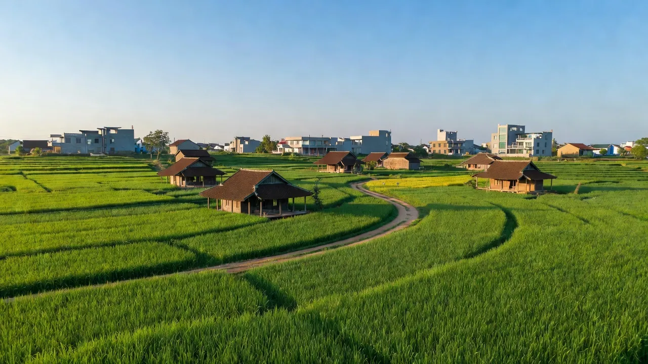 Cảnh quan xã Tân Quang, Thành phố Sông Công, tỉnh Thái Nguyên với cánh đồng xanh tươi.