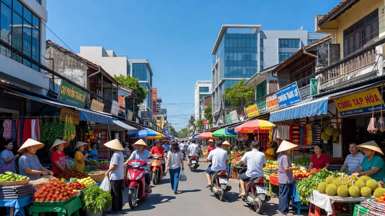Cảnh quan đường phố thú vị tại Phường Thắng Lợi, Sông Công, Thái Nguyên với chợ địa phương và cư dân.