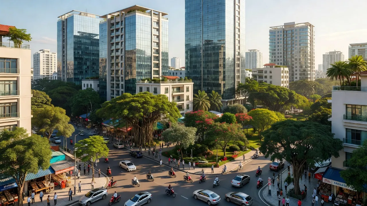 Phường Hoàng Văn Thụ, Thành phố Thái Nguyên, với không gian đô thị nhộn nhịp và cây xanh.