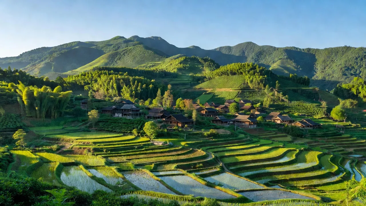 Cảnh đẹp xã Dân Tiến, Võ Nhai, Thái Nguyên với núi xanh và nhà gỗ truyền thống.