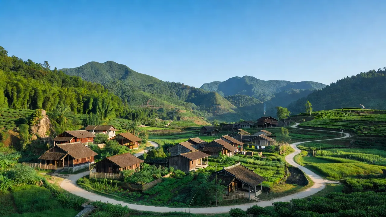 Khung cảnh thị trấn Đình Cả, Võ Nhai, Thái Nguyên với núi xanh và nhà nông thôn.