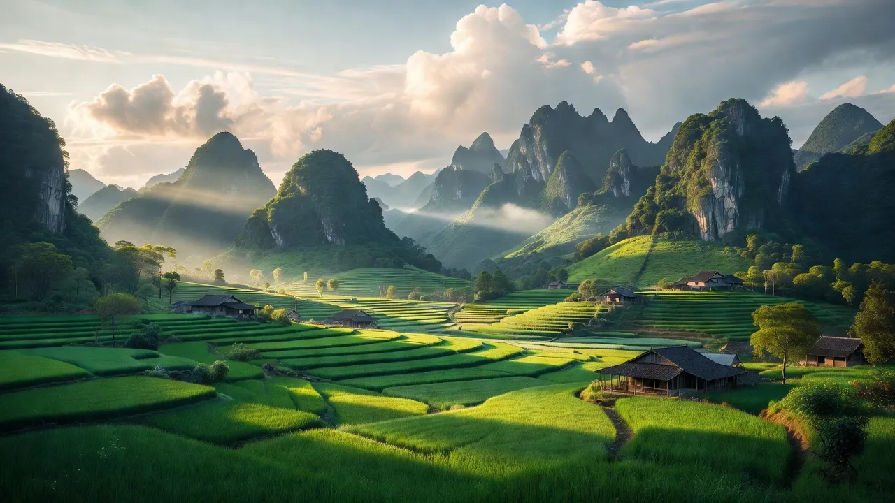 Cảnh đẹp xã La Hiên, huyện Võ Nhai với cánh đồng xanh, núi non và nhà truyền thống.