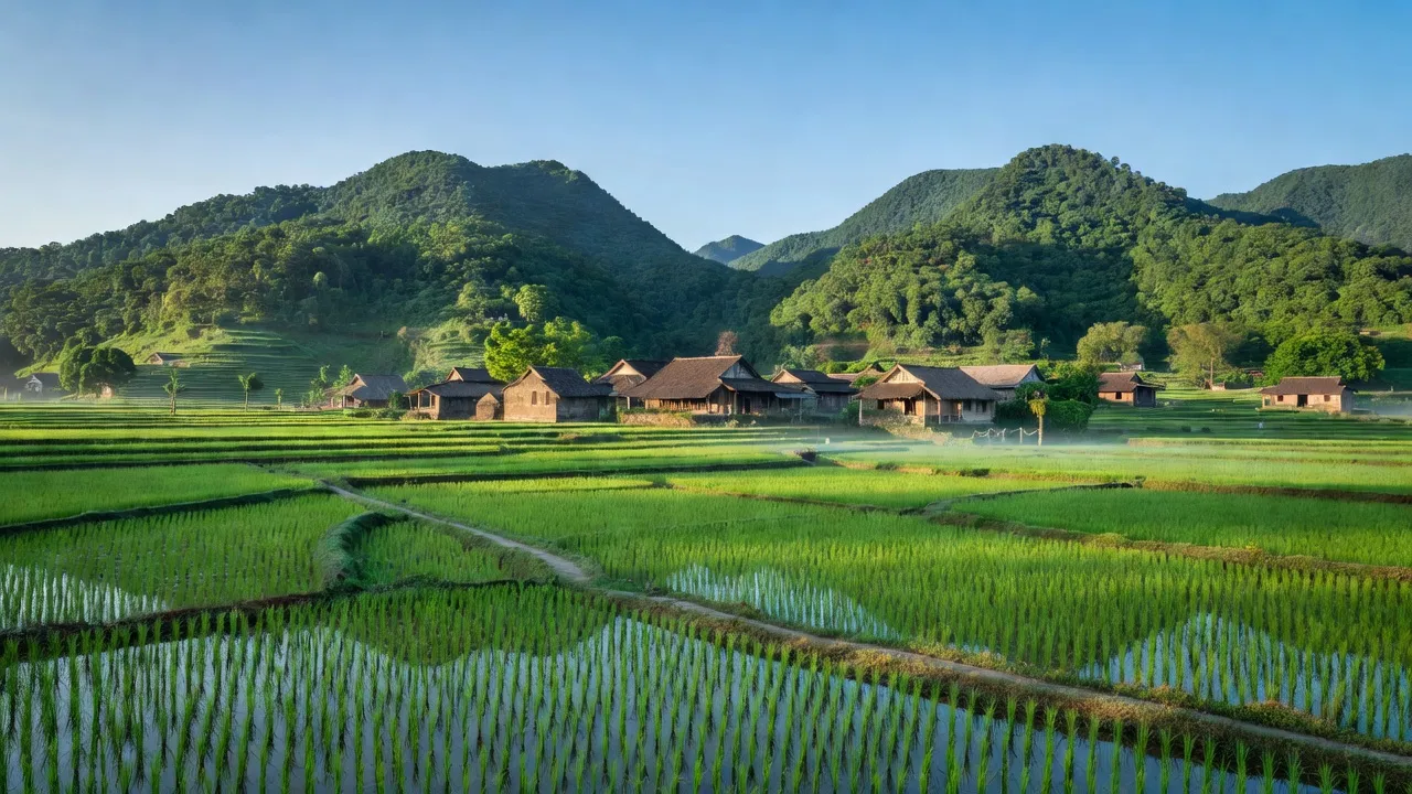 Cảnh quan xã Lâu Thượng, huyện Võ Nhai, Thái Nguyên với núi xanh, nhà truyền thống và cánh đồng lúa.