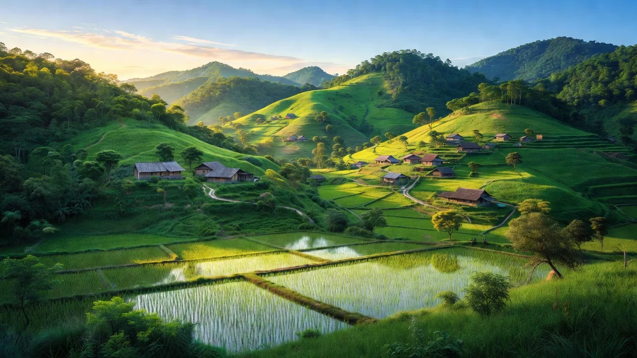 Khung cảnh yên bình ở Xã Nghinh Tường, Huyện Võ Nhai, với đồi núi và bản làng Việt Nam.