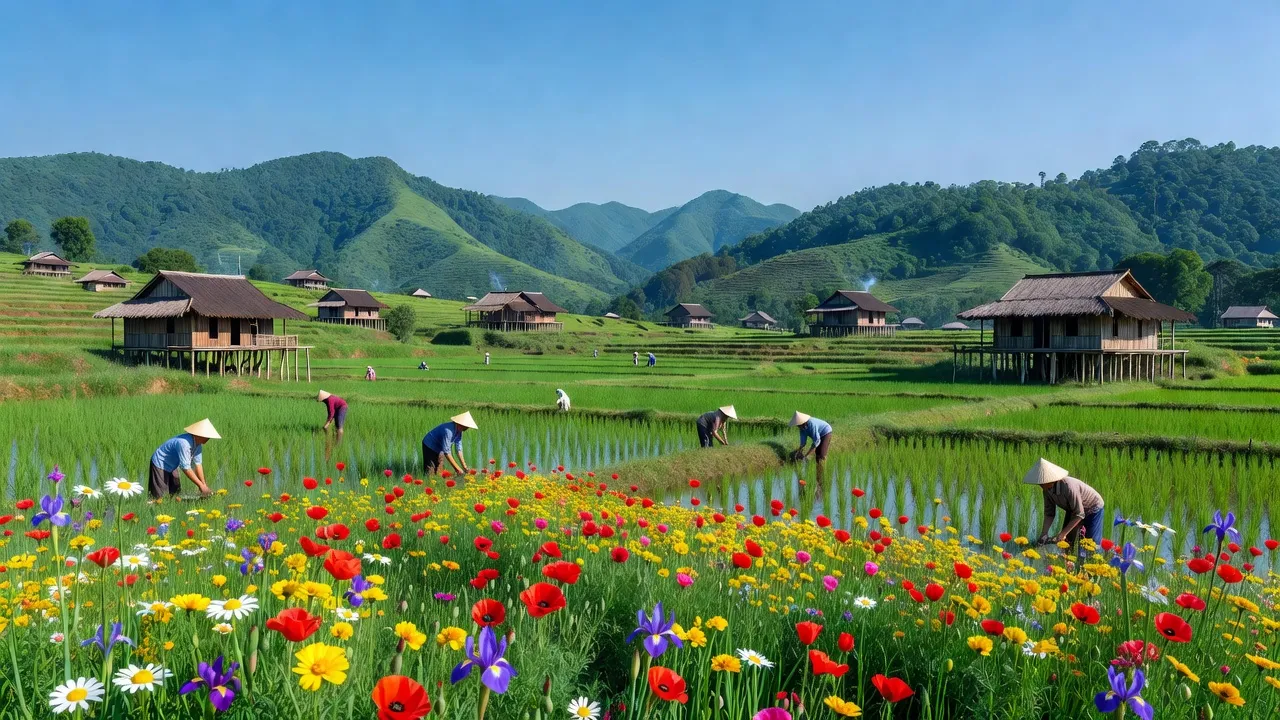 Cảnh quan yên bình xã Phương Giao, huyện Võ Nhai với nhà sàn và cánh đồng xanh.