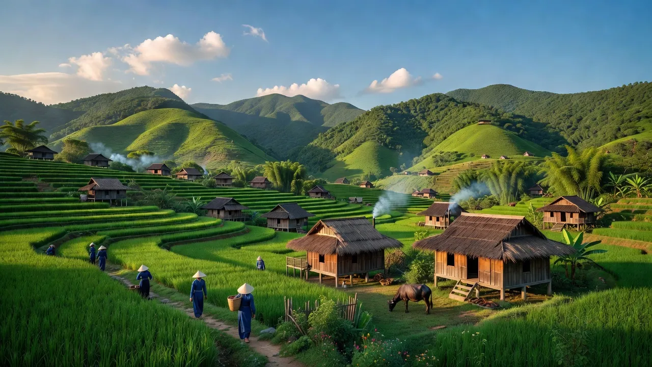 Khung cảnh Xã Phương Giao ở huyện Võ Nhai, núi non xanh và nhà gỗ truyền thống.
