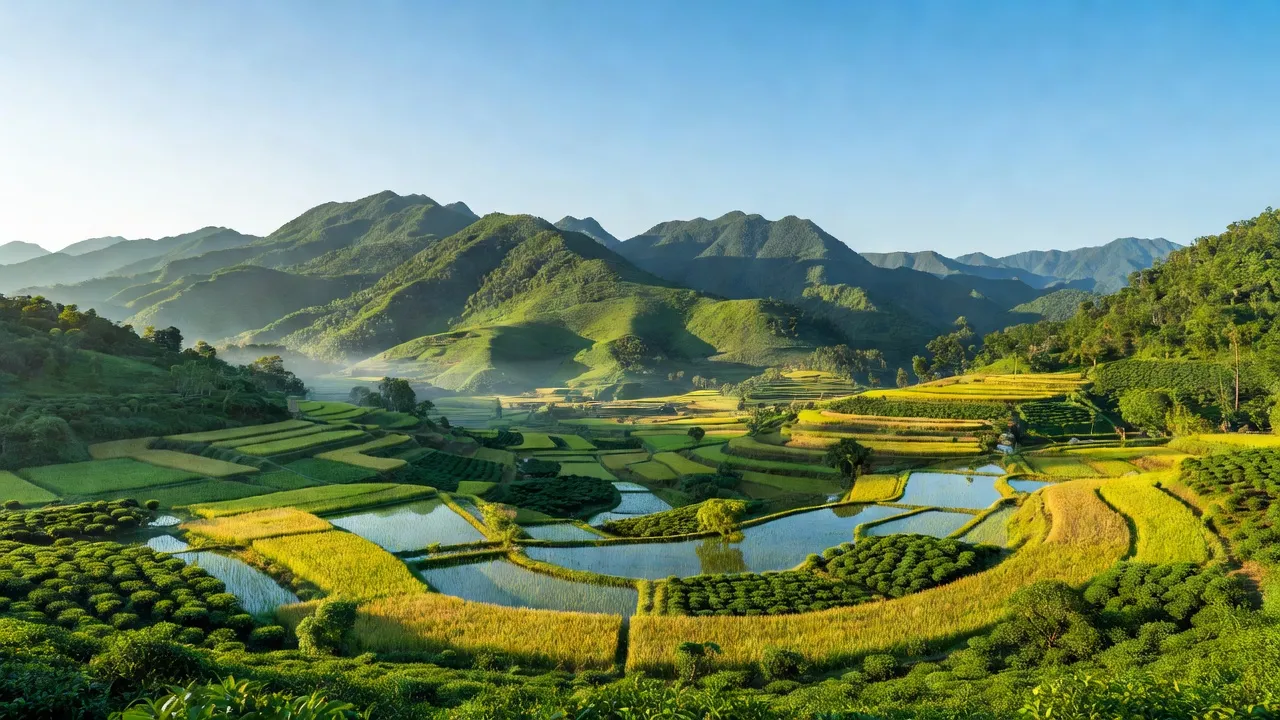 Cảnh quan đẹp của Xã Sảng Mộc, huyện Võ Nhai, tỉnh Thái Nguyên với núi non xanh tươi và nông nghiệp phát triển.