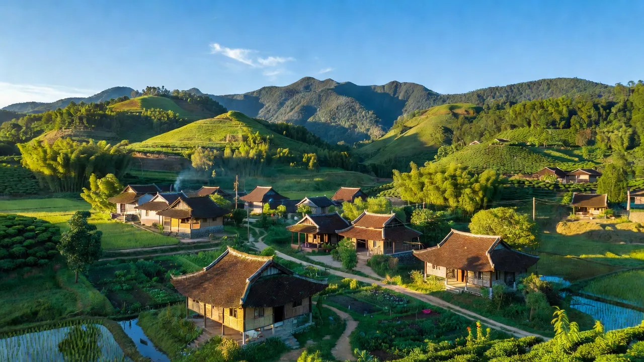 Khung cảnh Xã Thần Xa, huyện Võ Nhai, Thái Nguyên với núi non xanh tươi và nhà truyền thống.