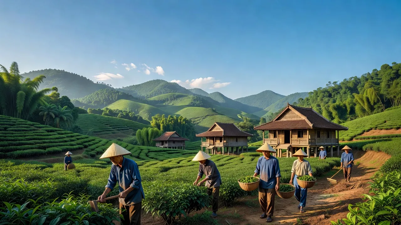 Cảnh quan núi non xanh tươi ở tỉnh Thái Nguyên, Việt Nam với kiến trúc truyền thống, trời quang đãng.