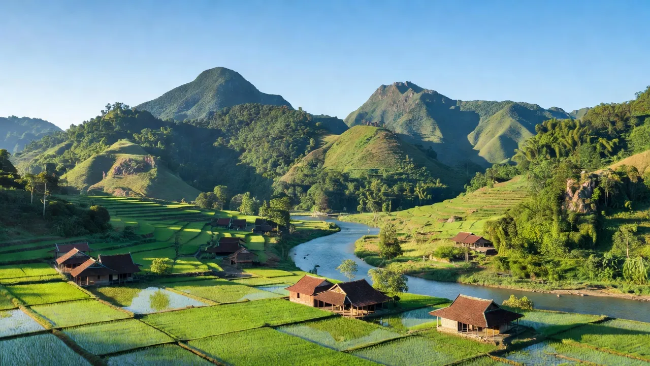 Khung cảnh tỉnh Thái Nguyên với địa hình núi đồi và đồng ruộng xanh tươi, Việt Nam.