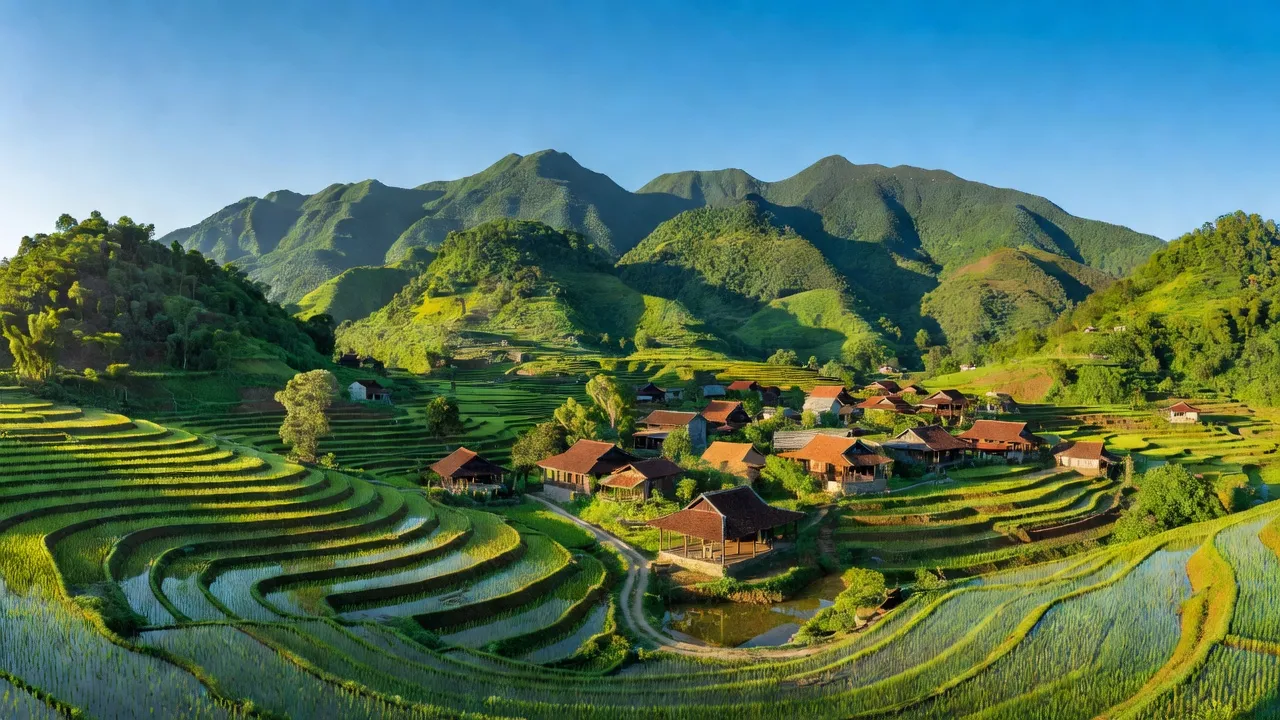 Cảnh đẹp huyện Bá Thước, Thanh Hóa với núi non xanh tươi và ruộng bậc thang.