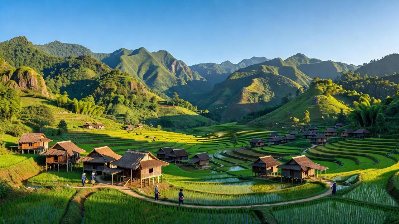 Khung cảnh núi non tuyệt đẹp ở Huyện Bá Thước, Tỉnh Thanh Hóa với thung lũng xanh tươi.