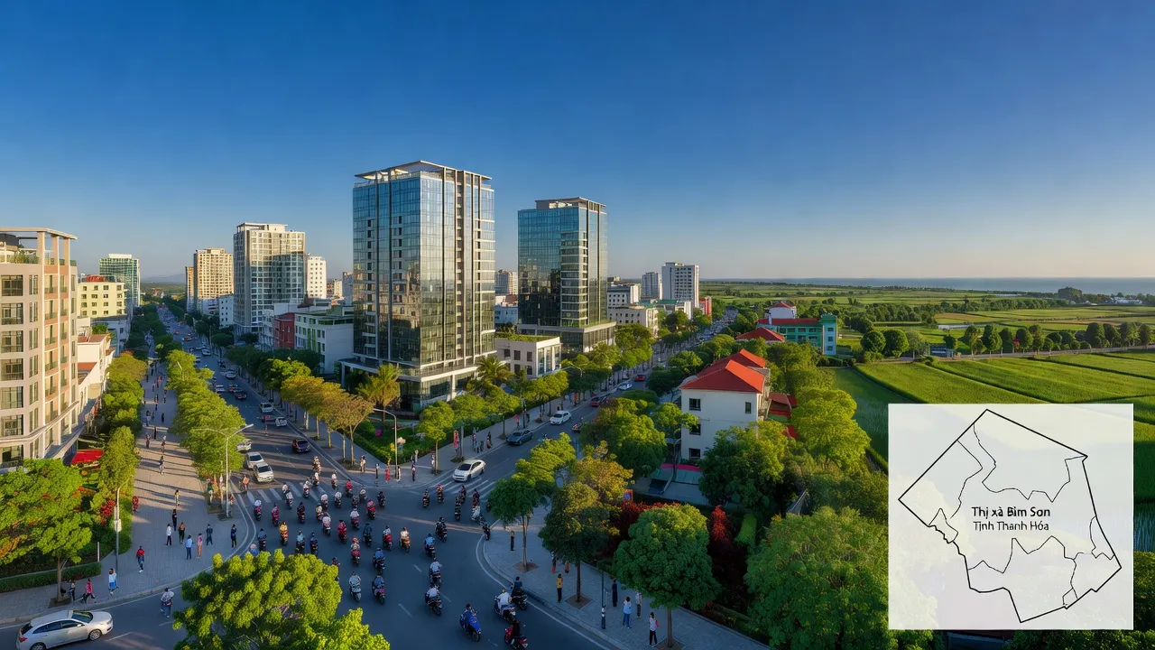 Cảnh đẹp Thị xã Bỉm Sơn, Tỉnh Thanh Hóa, kiến trúc hiện đại và không gian xanh.