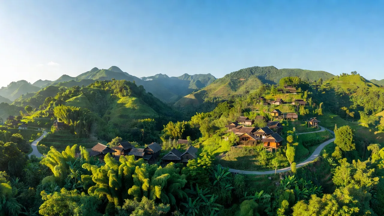 Khung cảnh huyện Cẩm Thủy, tỉnh Thanh Hóa với núi non xanh tươi và những ngôi nhà truyền thống.
