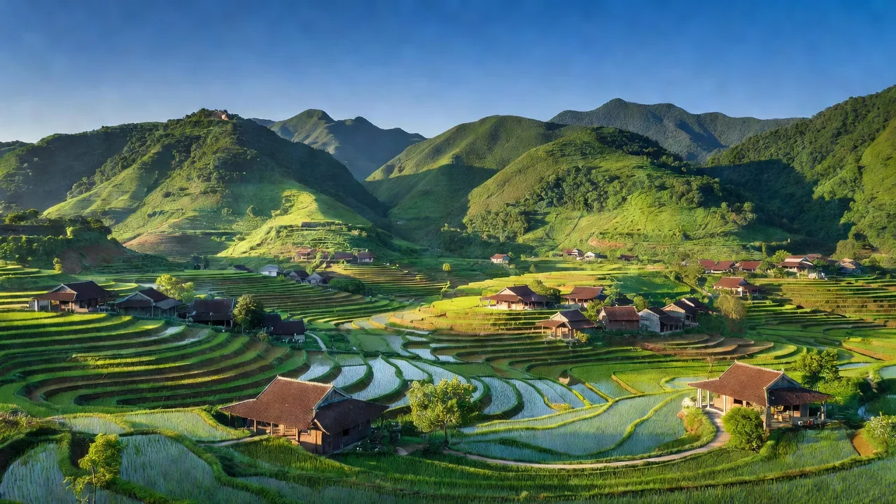 Quang cảnh huyện Cẩm Thủy, Thanh Hóa với núi xanh, ruộng bậc thang và nhà truyền thống.