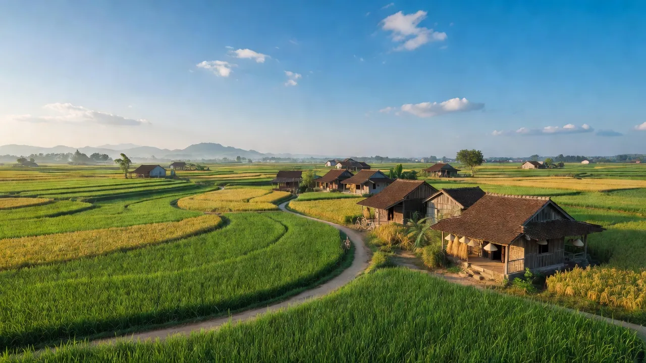 Cảnh đẹp huyện Hà Trung, tỉnh Thanh Hóa với đồng ruộng xanh và nhà truyền thống.