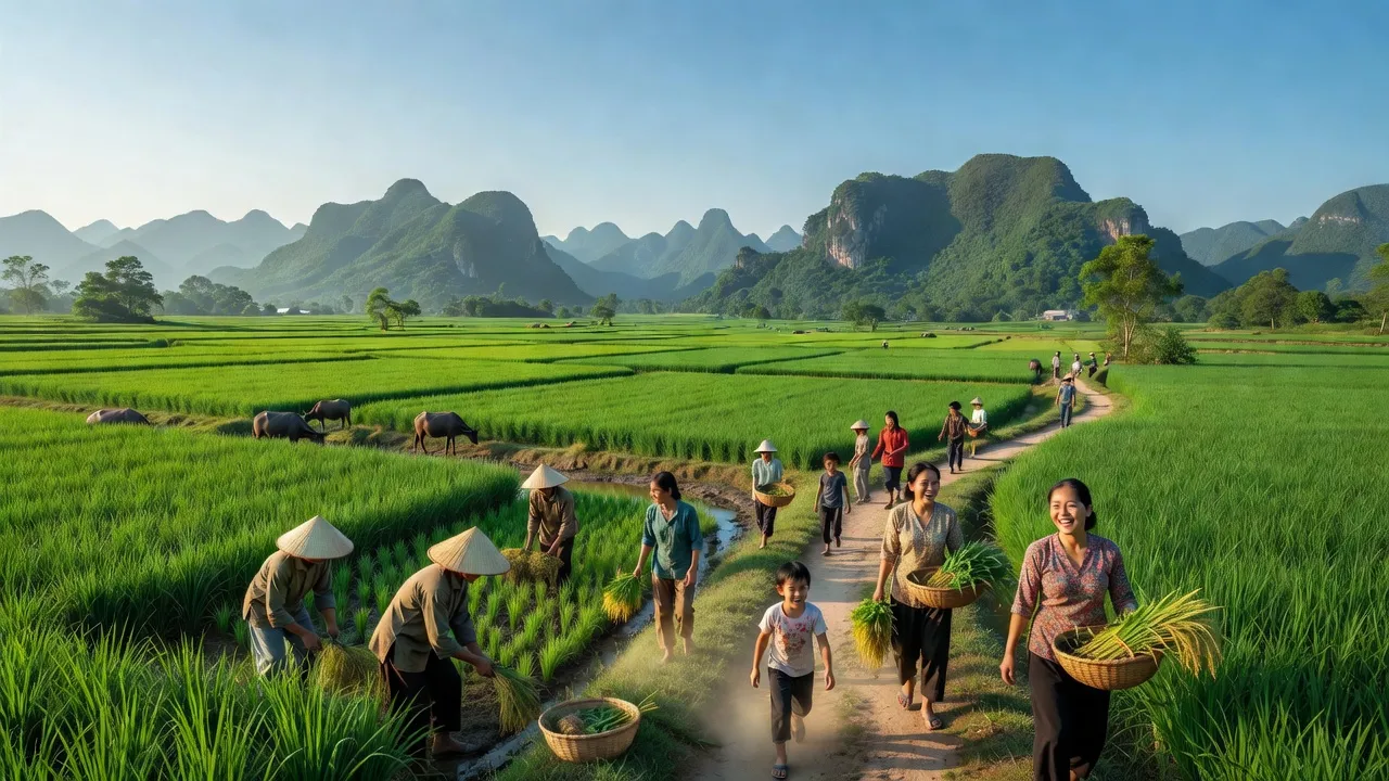 Cảnh quan huyện Hà Trung, Thanh Hóa với đồng ruộng xanh mơn mởn và người dân địa phương.