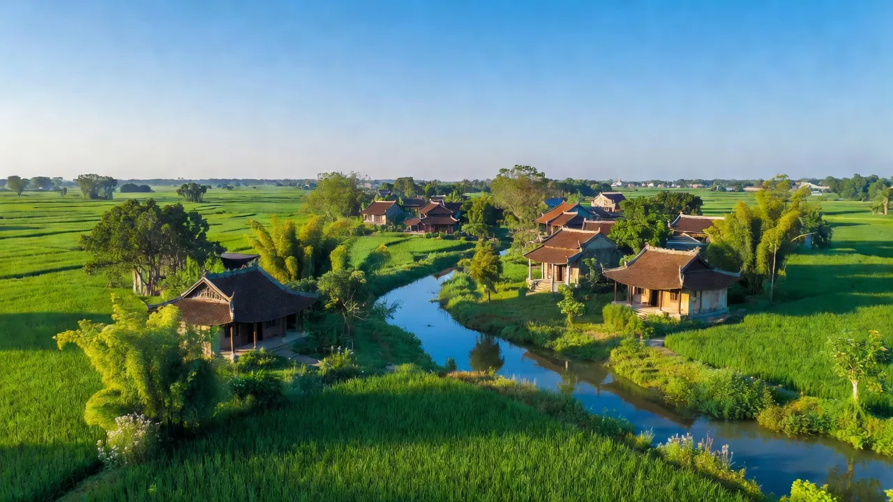 Khung cảnh Huyện Hậu Lộc, Thanh Hóa với đồng ruộng xanh tươi và sông nước, ngoài trời trong xanh.
