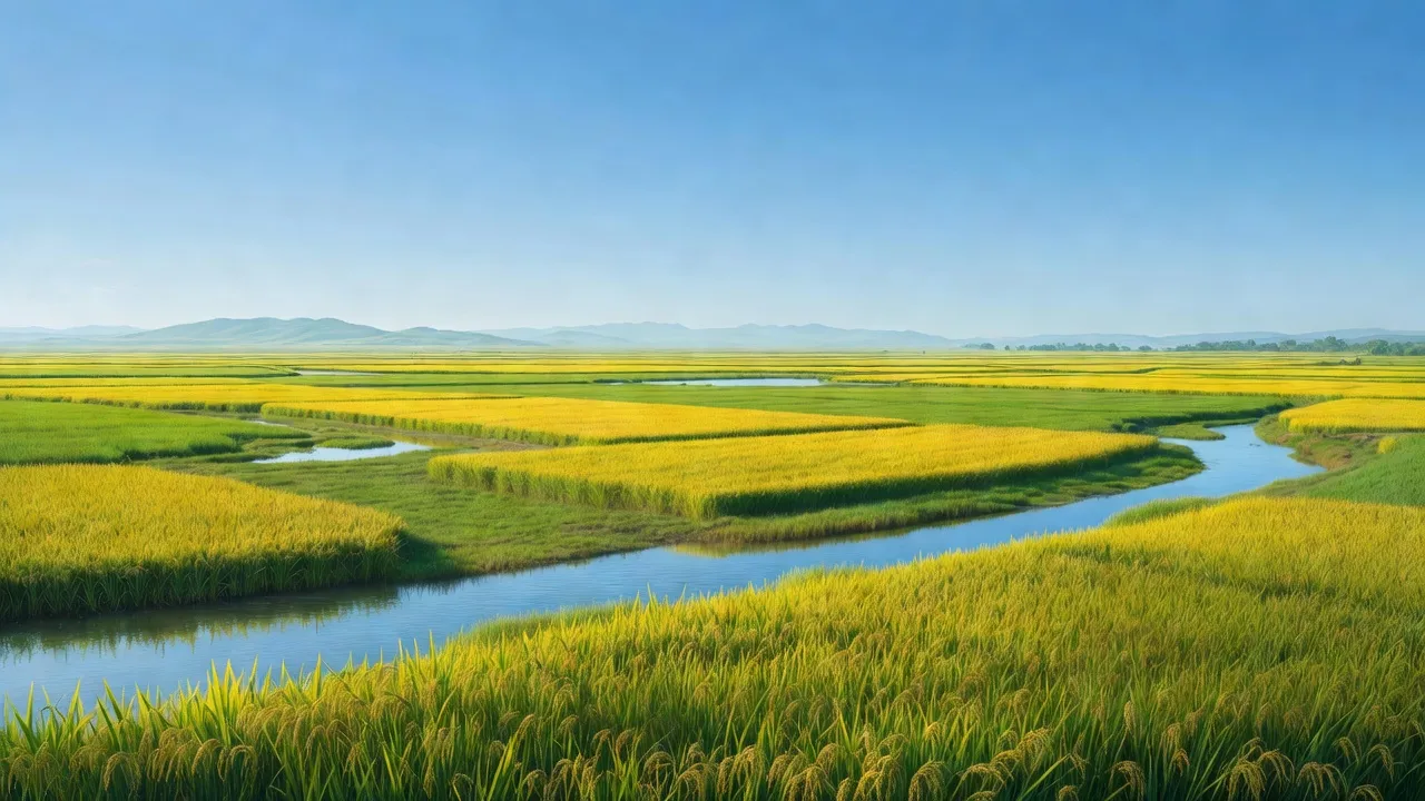 Phong cảnh Huyện Hậu Lộc, Tỉnh Thanh Hóa với đồng bằng, sông nước và cánh đồng lúa chín.