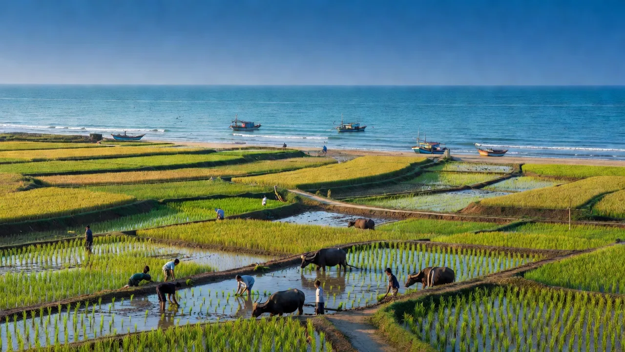 Cảnh biển và cánh đồng lúa ở Huyện Hoằng Hóa, Tỉnh Thanh Hóa, thể hiện sự phát triển nông nghiệp.