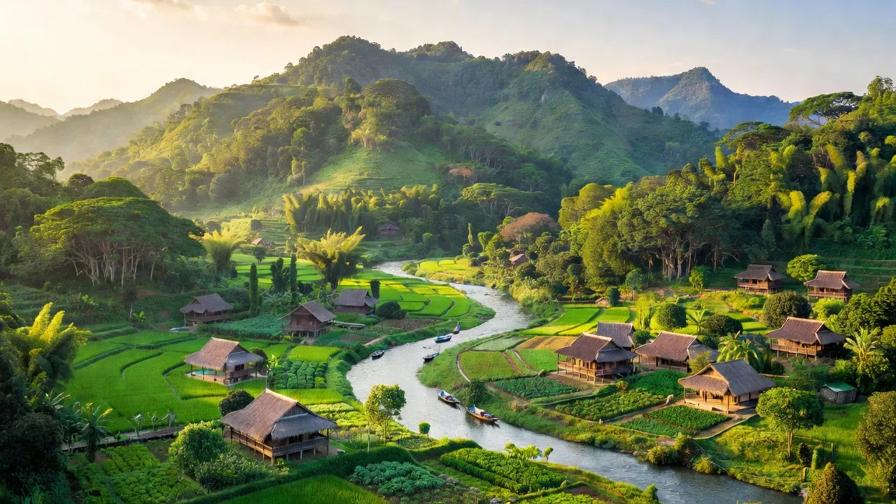 Khung cảnh huyện Lang Chánh, Thanh Hóa với núi xanh, sông suối và bản làng nông thôn.