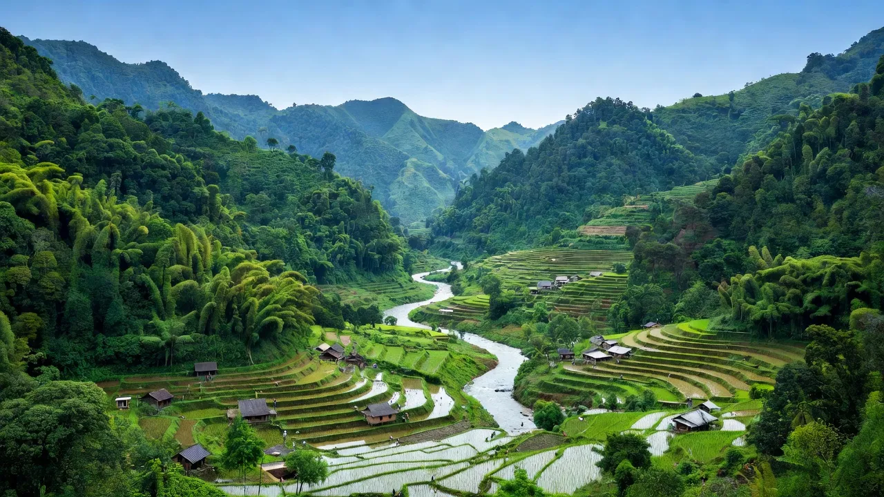 Khung cảnh tuyệt đẹp của huyện Lang Chánh, Thanh Hóa với núi non, sông suối và đồng ruộng.