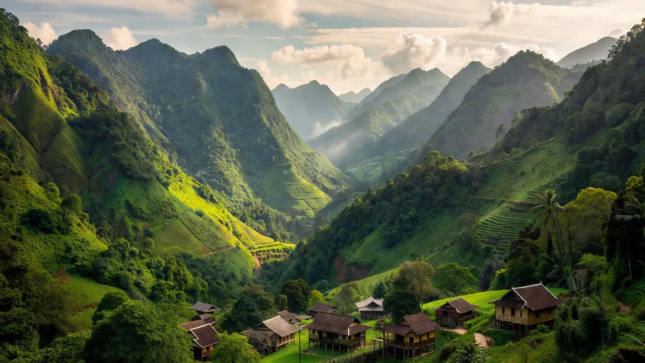Khung cảnh huyện Mường Lát, tỉnh Thanh Hóa với núi non và thung lũng xanh tươi.