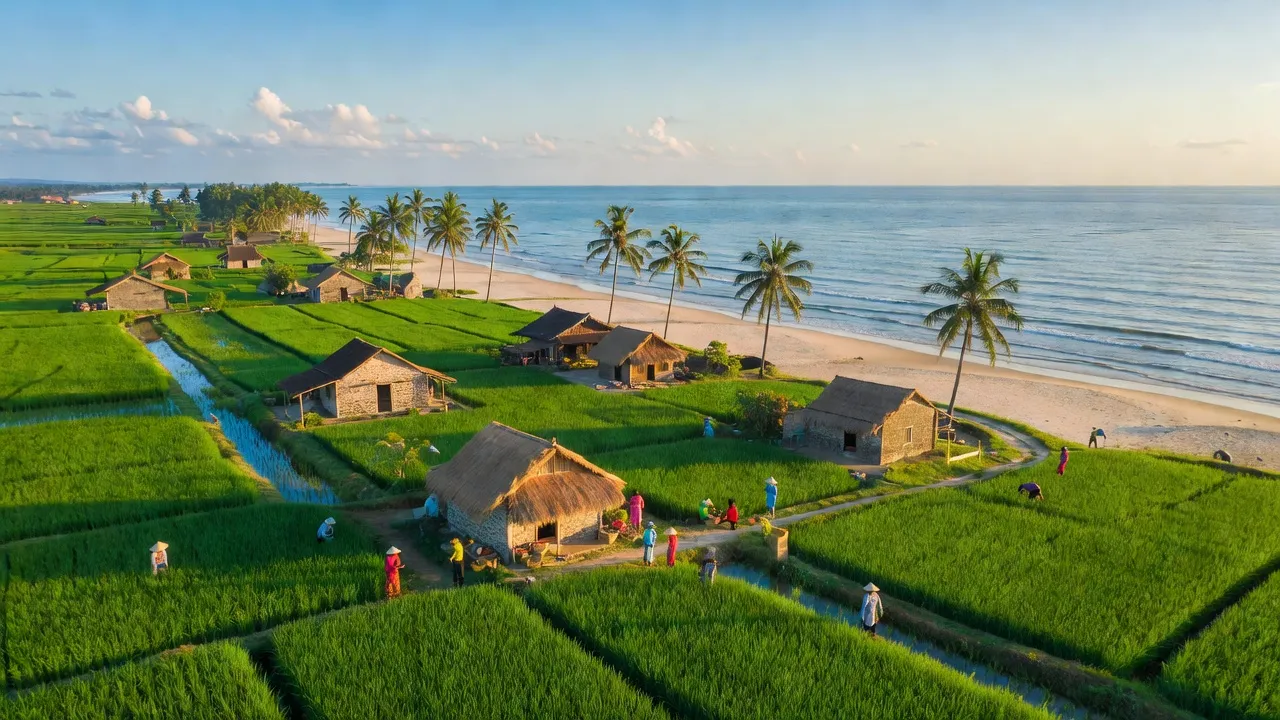 Cảnh quan biển Nga Sơn, Thanh Hóa với đồng xanh, nhà truyền thống và bờ biển yên bình.