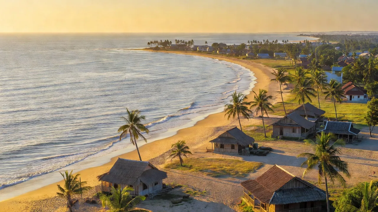 Quang cảnh huyện Nga Sơn, Thanh Hóa với bãi biển, nhà truyền thống và khí hậu nhiệt đới.
