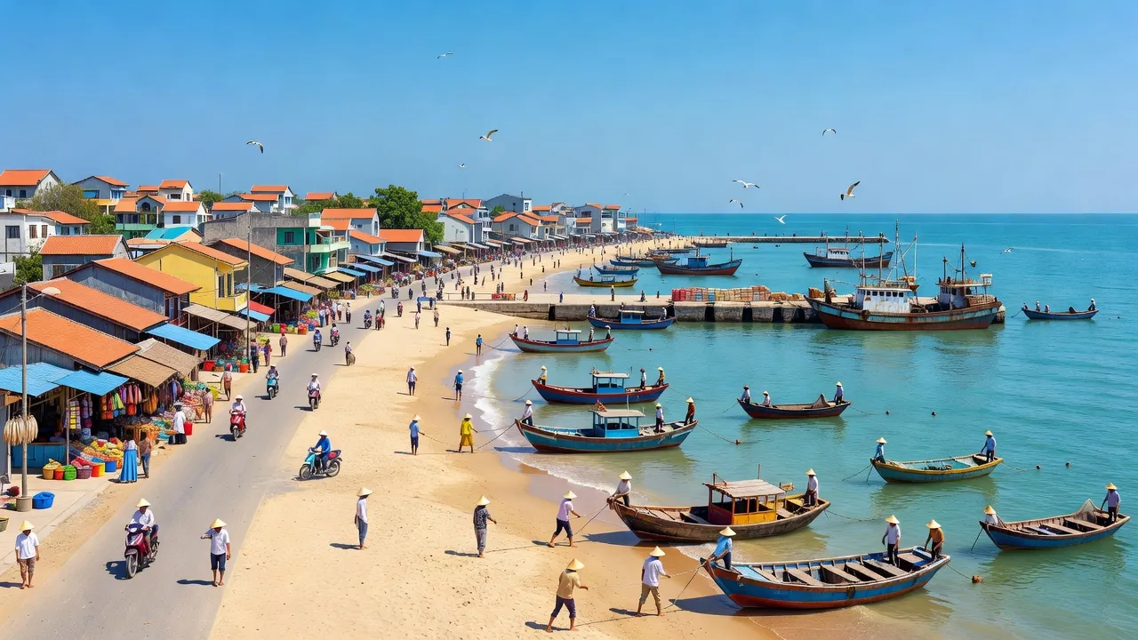 Khung cảnh đẹp Thị xã Nghi Sơn, Tỉnh Thanh Hóa với bãi biển, cảng biển và cuộc sống ven biển.