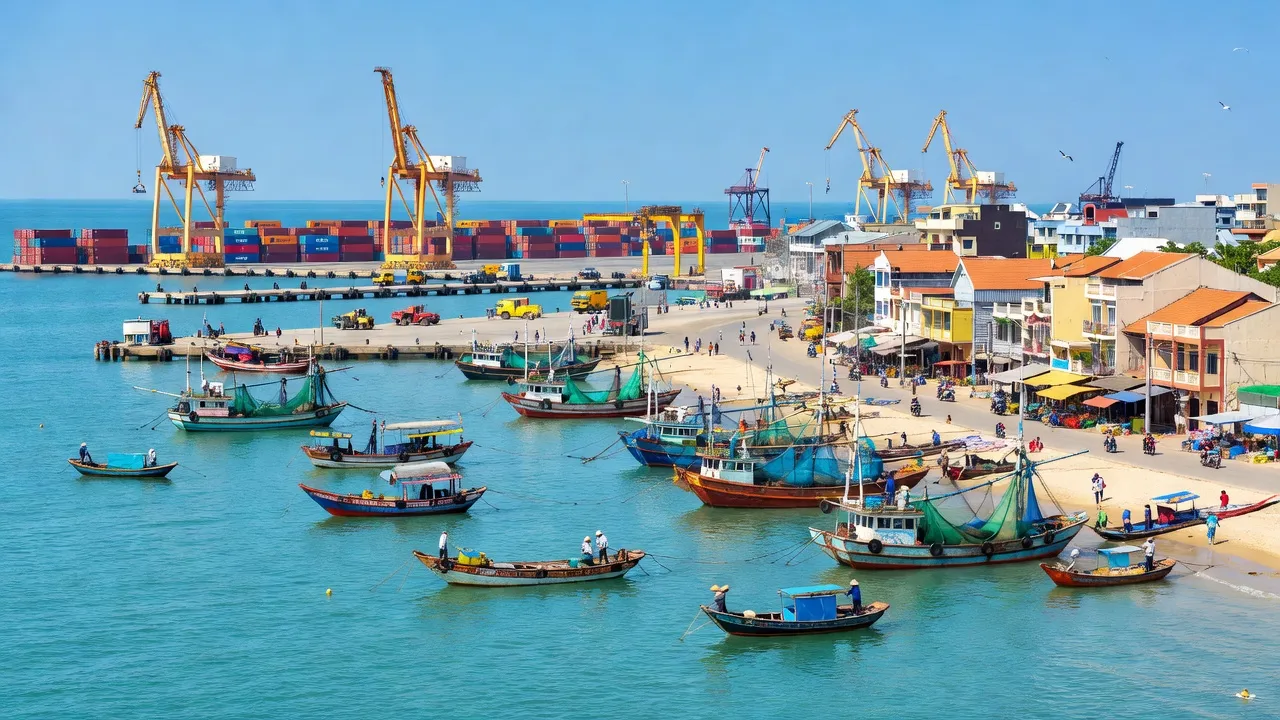 Nghi Sơn Town, Thanh Hóa - coastal town, fishing activities, port infrastructure, beautiful blue sky.