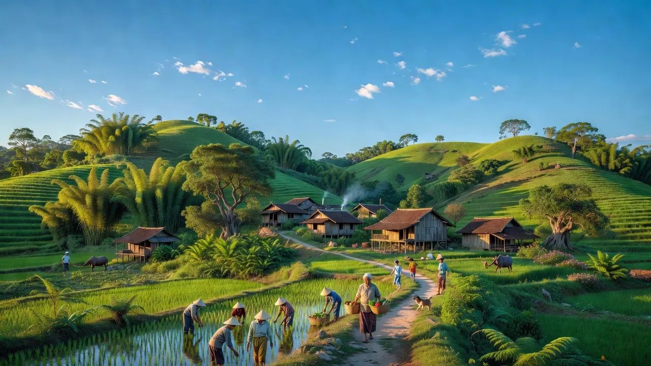 Khung cảnh huyện Như Thanh, Thanh Hóa, với đồi núi, cây cối, và cuộc sống hàng ngày của cư dân.