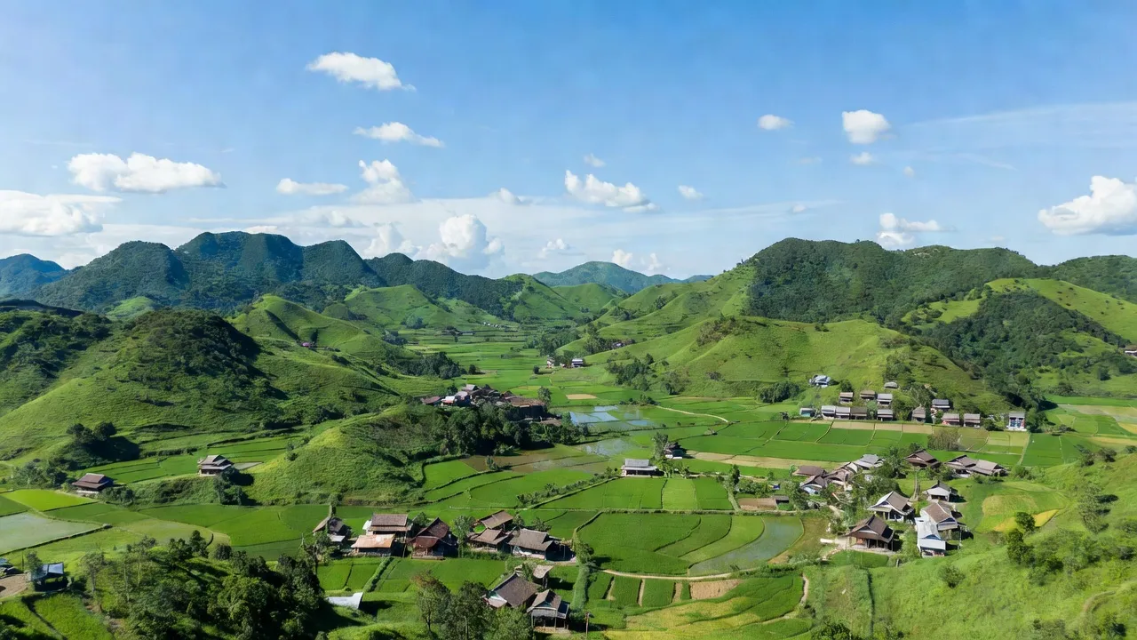 Khung cảnh huyện Như Xuân, Thanh Hóa với đồi núi và thung lũng xanh tốt, thể hiện nông nghiệp địa phương.