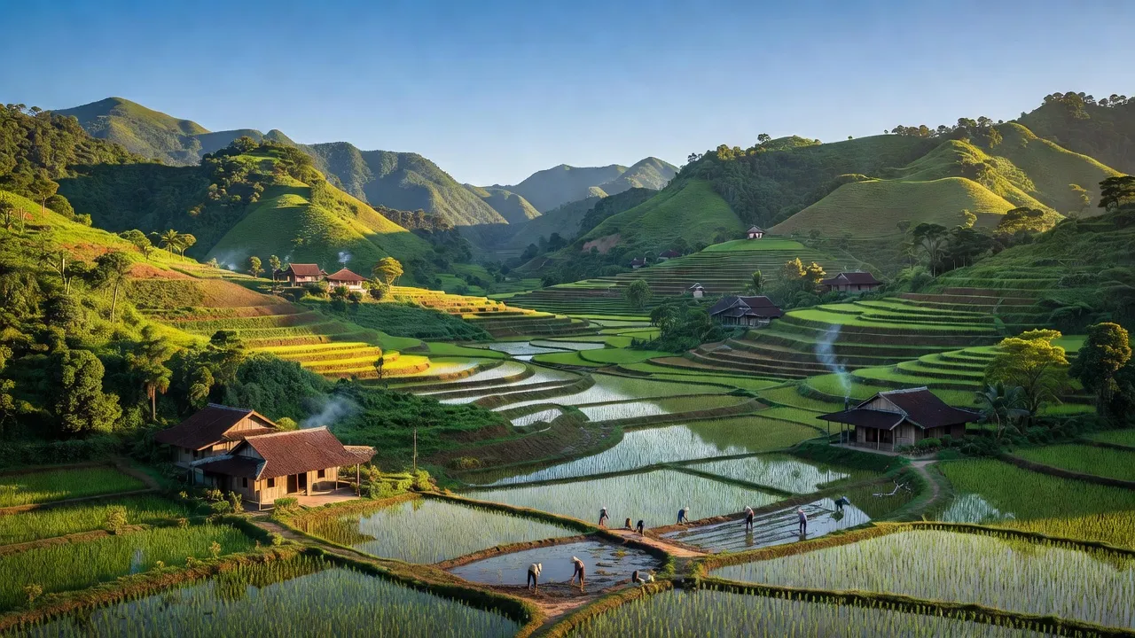 Khung cảnh yên bình huyện Như Xuân, Thanh Hóa với đồi núi và thung lũng xanh tươi.