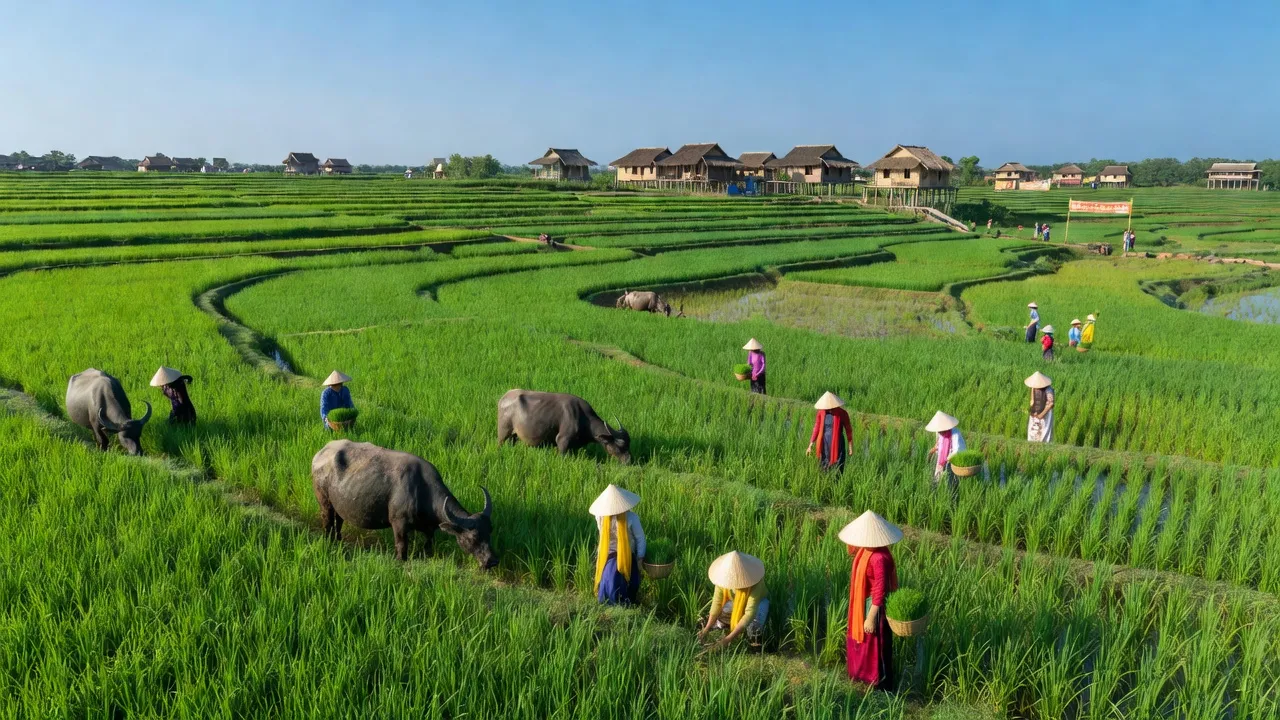 Cánh đồng xanh mướt ở huyện Nông Cống, tỉnh Thanh Hóa, thể hiện nông nghiệp và văn hóa địa phương.