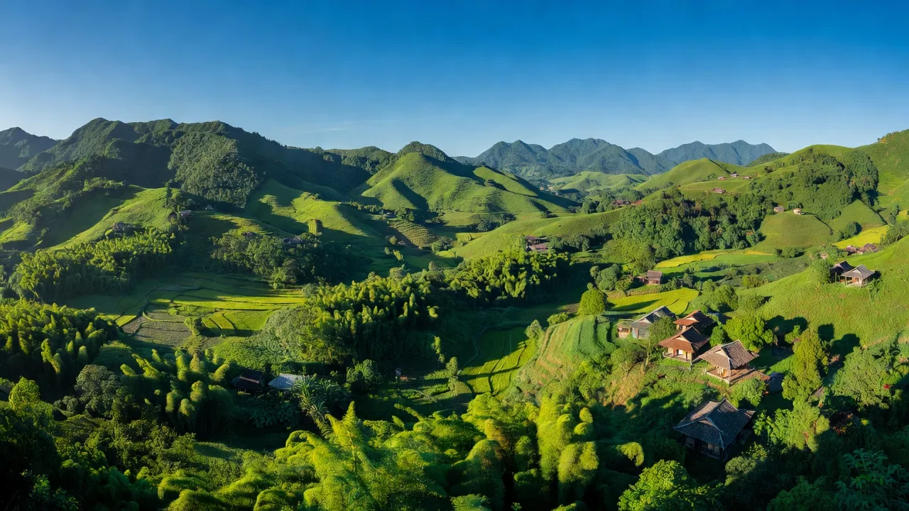 Khung cảnh huyện Quan Sơn, Thanh Hóa với đồi núi xanh tươi và thung lũng uốn lượn.