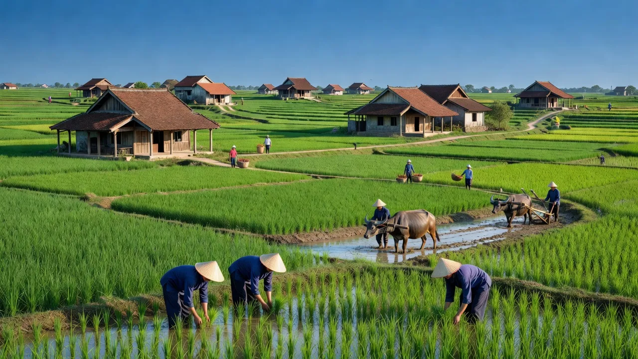 Thiệu Hóa, Thanh Hóa landscape with green fields, agricultural activities, and traditional architecture.