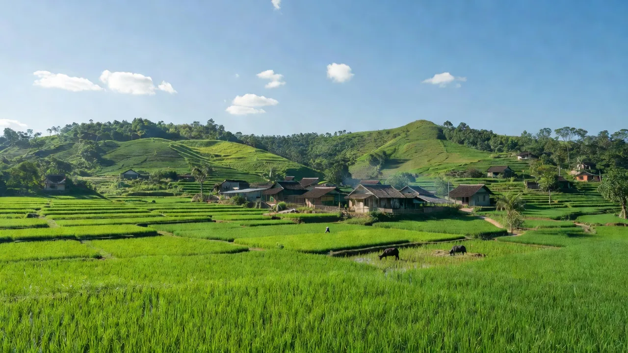 Quang cảnh huyện Thọ Xuân, tỉnh Thanh Hóa với cánh đồng xanh, đồi núi và làng quê truyền thống.