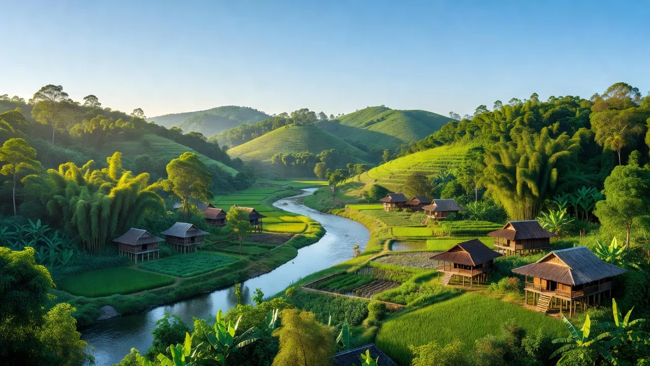 Khung cảnh huyện Thường Xuân, Thanh Hóa với đồi núi xanh tươi và dòng sông uốn khúc.