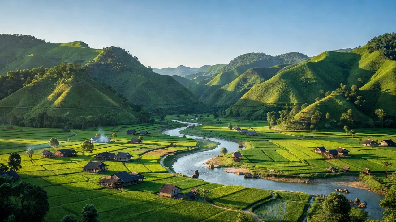 Khung cảnh huyện Thường Xuân, Thanh Hóa với núi non xanh tươi và thung lũng yên bình.